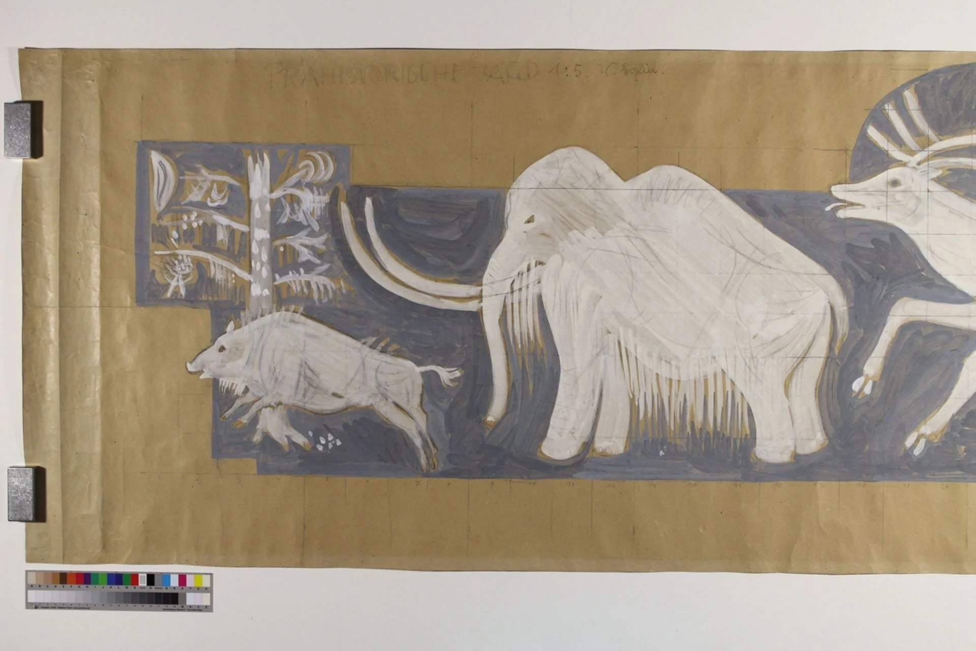 Eglin, Walter - Malerei, Entwurfszeichnung Wandbild Realschule Hofmatt, Gelterkinden (Prähistorische Jagd), by Walter Eglin, unspecified, 1954