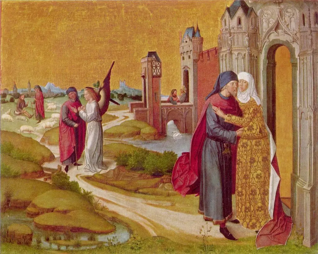 The Life of Mary: Joachim meets Anna at the Golden Gate; in the background the Annunciation of the birth of Mary to Joachim by an angel (verso: upper half of the Crucifixion of Christ)