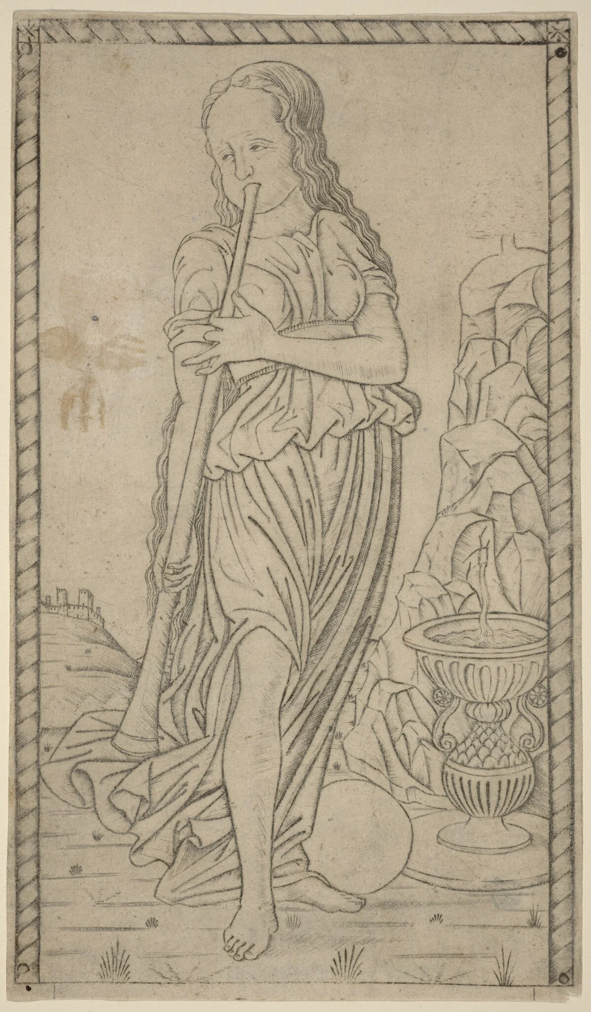 Caliope (Calliope), by Master of the E-Series Tarocchi, ink, 1465