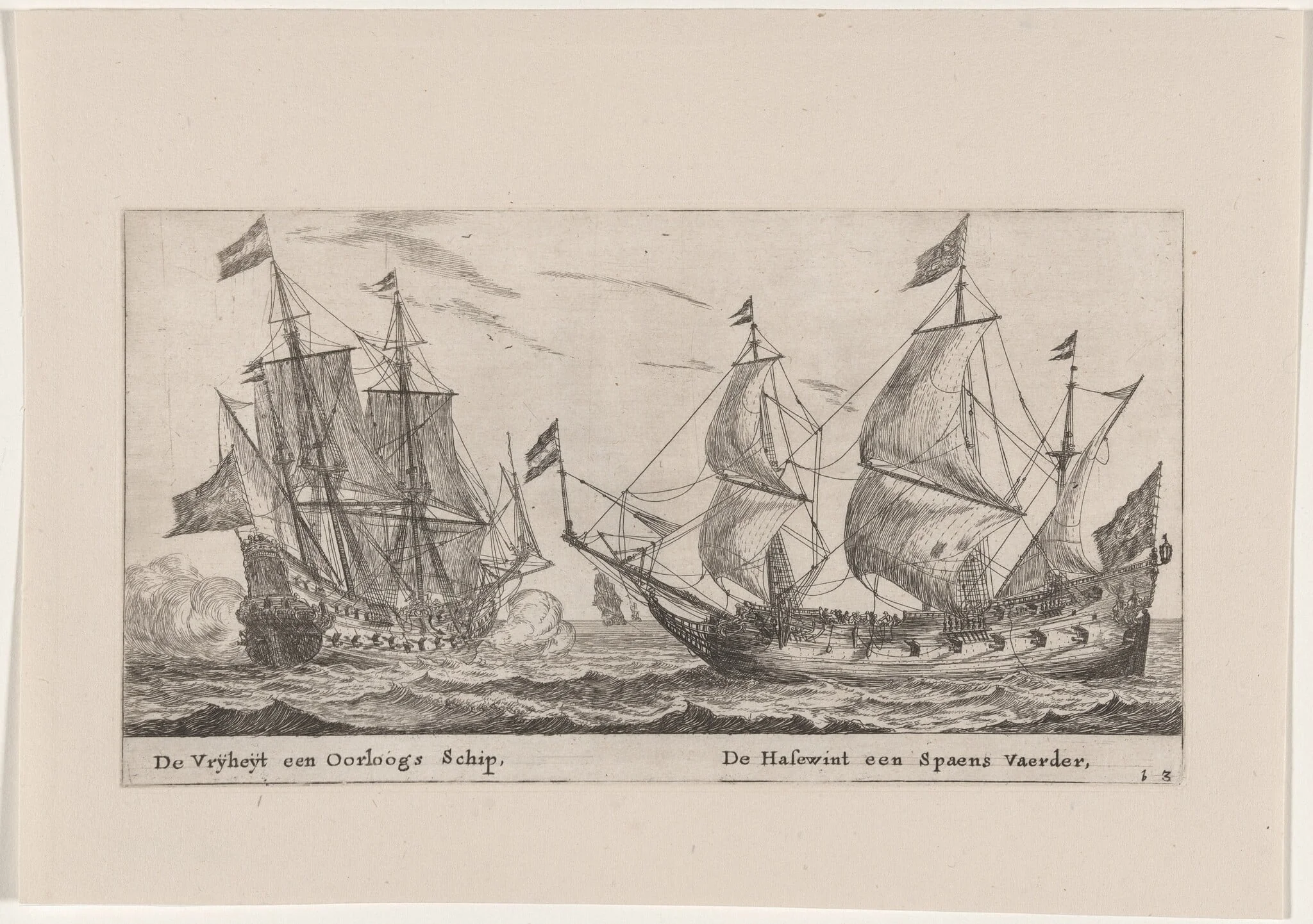The "Vrijheijt," a Man-of-War and the "Hazewind," a Merchantman for Spain, by Nooms, called Zeeman, Reinier, ink, 1653