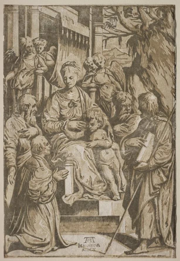 The Virgin and Child with Saints and a Donor (after a drawing by Girolamo da Treviso), by Andrea Andreani, 1610