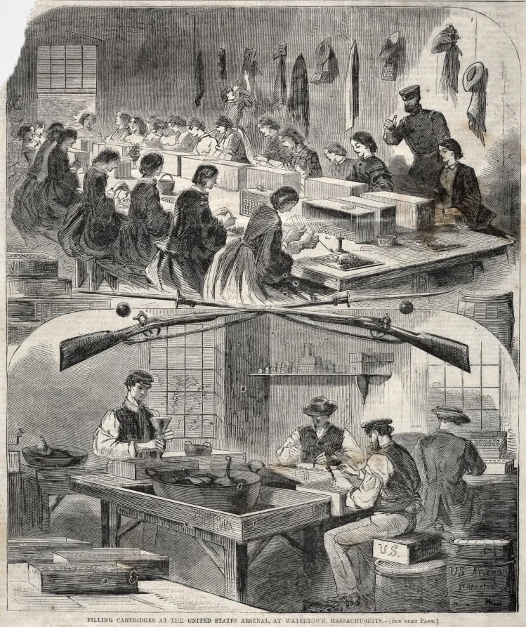 Filling Cartridges at the United States Arsenal, at Watertown, Massachusetts, by Winslow Homer, 1861