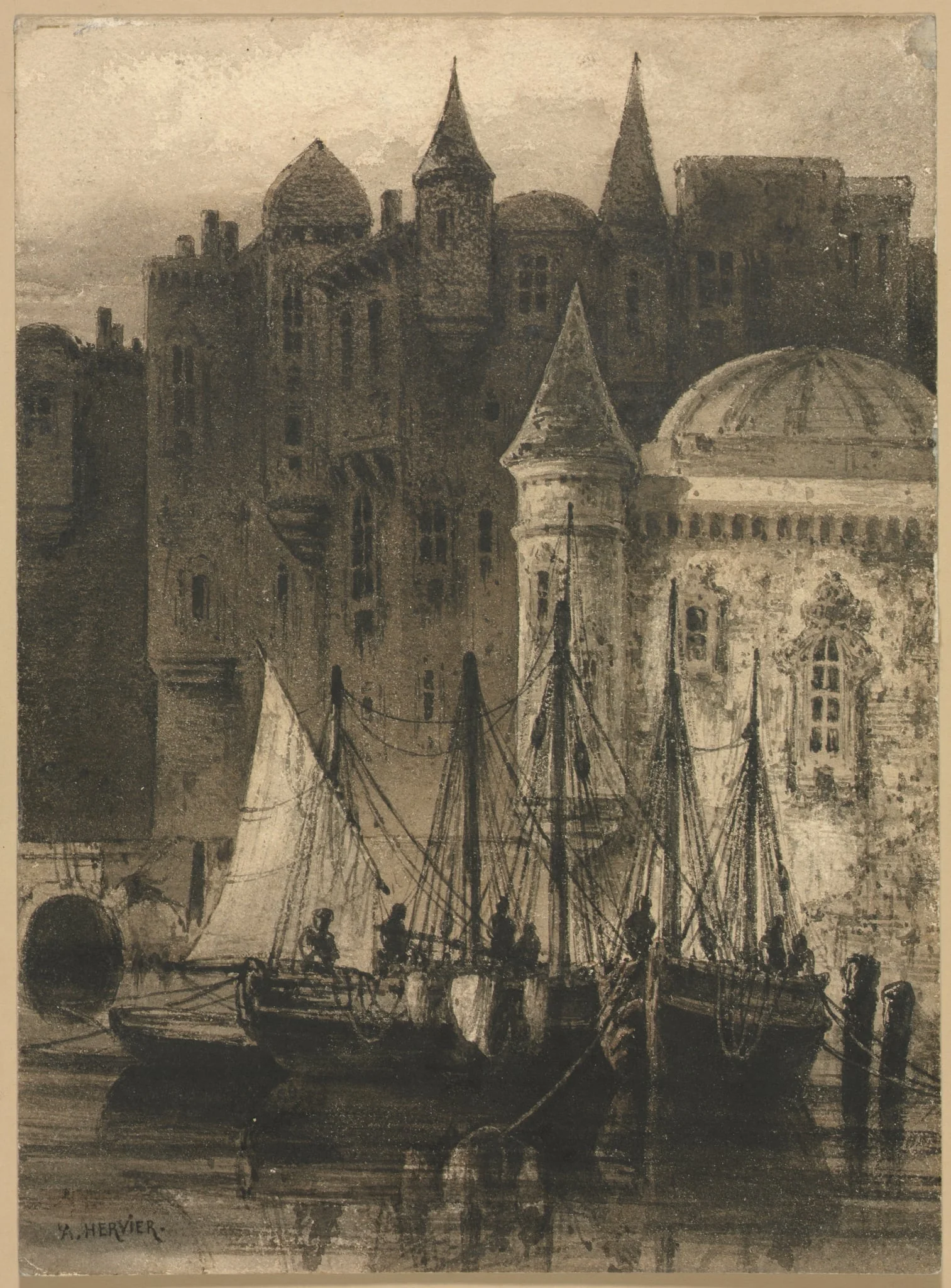 Harbor Scene with Boats and Castle, by Auguste Hervier, 1804