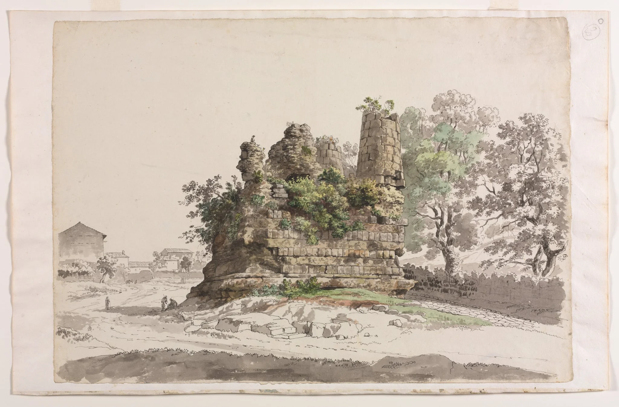 The So-Called Sepulcher of the Curiatii Brothers at Albano, with the Church of the Madonna della Stella in the distance at left, by Carlo Labruzzi, 1770