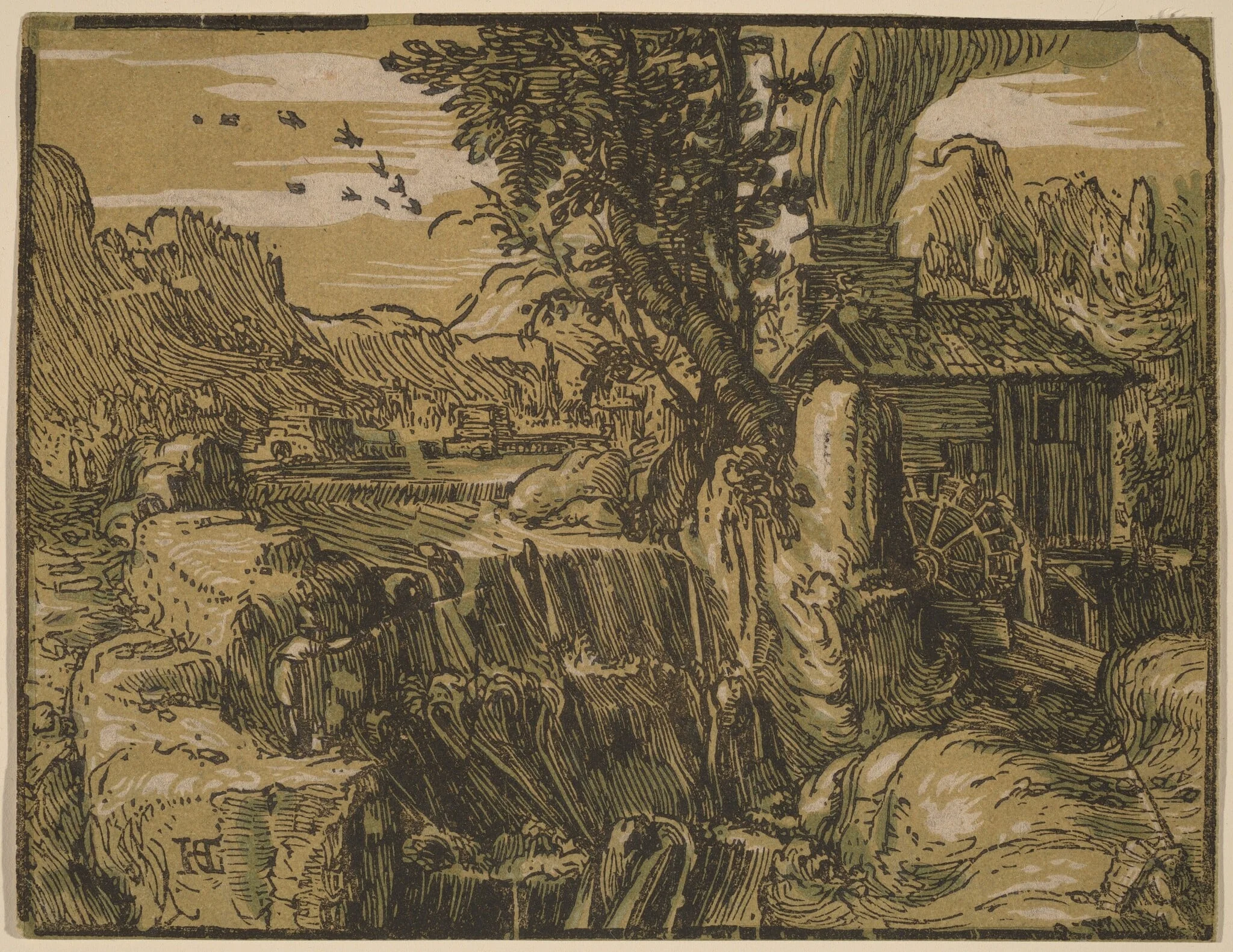 Landscape with a Waterfall, by Hendrik Goltzius, ink, 1594