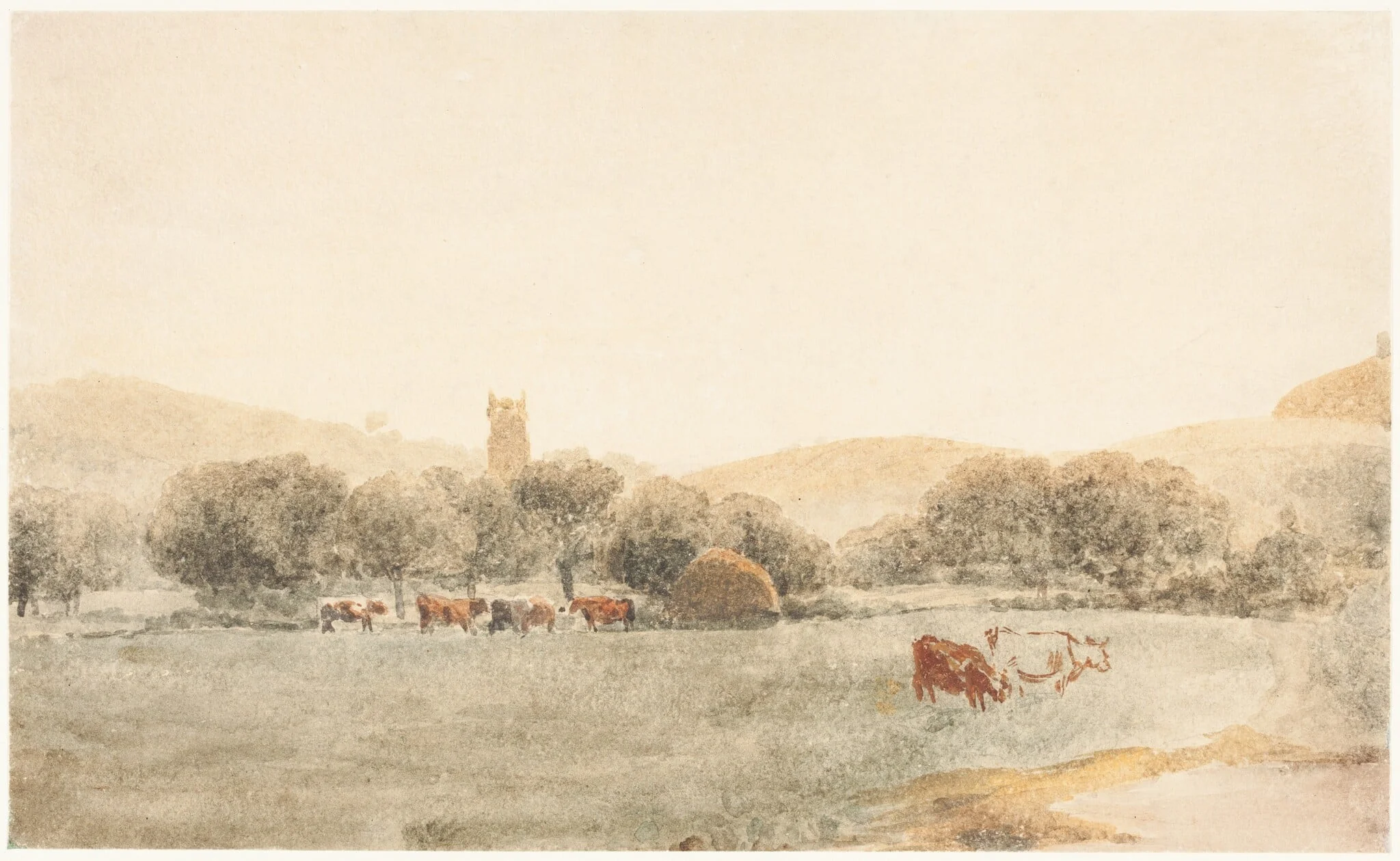 A Meadow with Cattle near Glastonbury