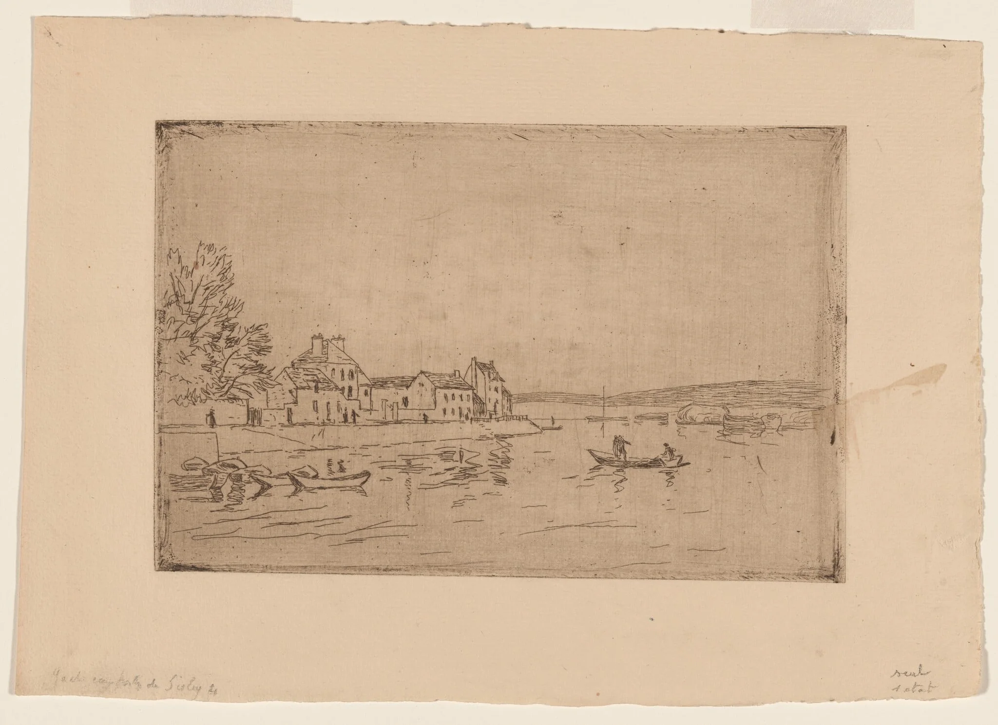 On the Banks of the Loing: Six Boats at their Moorings, by Alfred Sisley, ink, 1890
