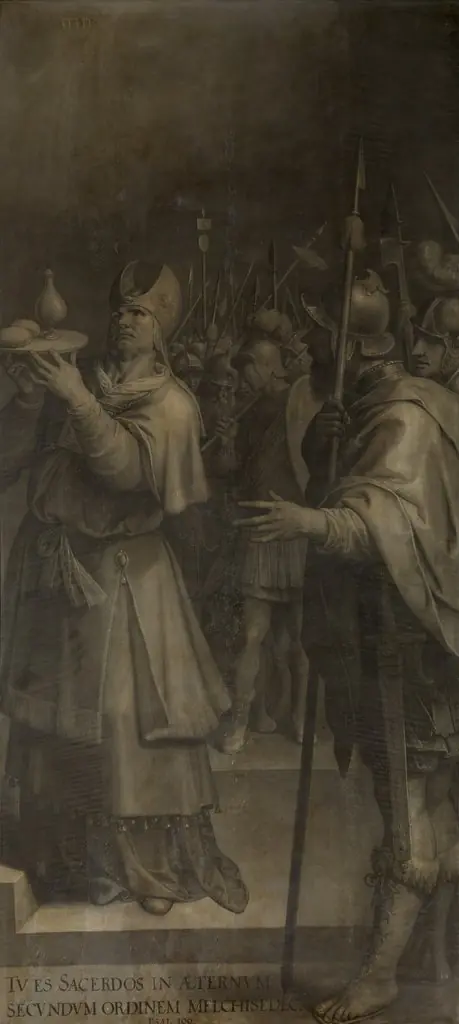 The meeting of Abram [Abraham] and Melchizedek, the high priest and king of Salem, who brings bread and wine (Genesis 14:18-24)