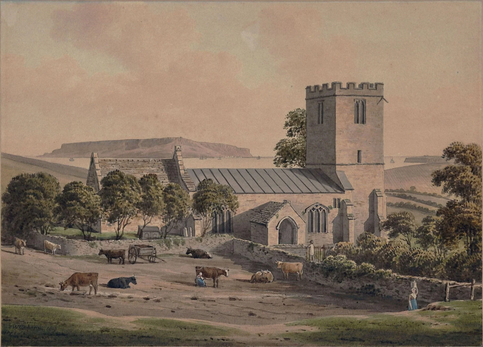 Preston Church, near Weymouth, by John William Upham, watercolor, 1819