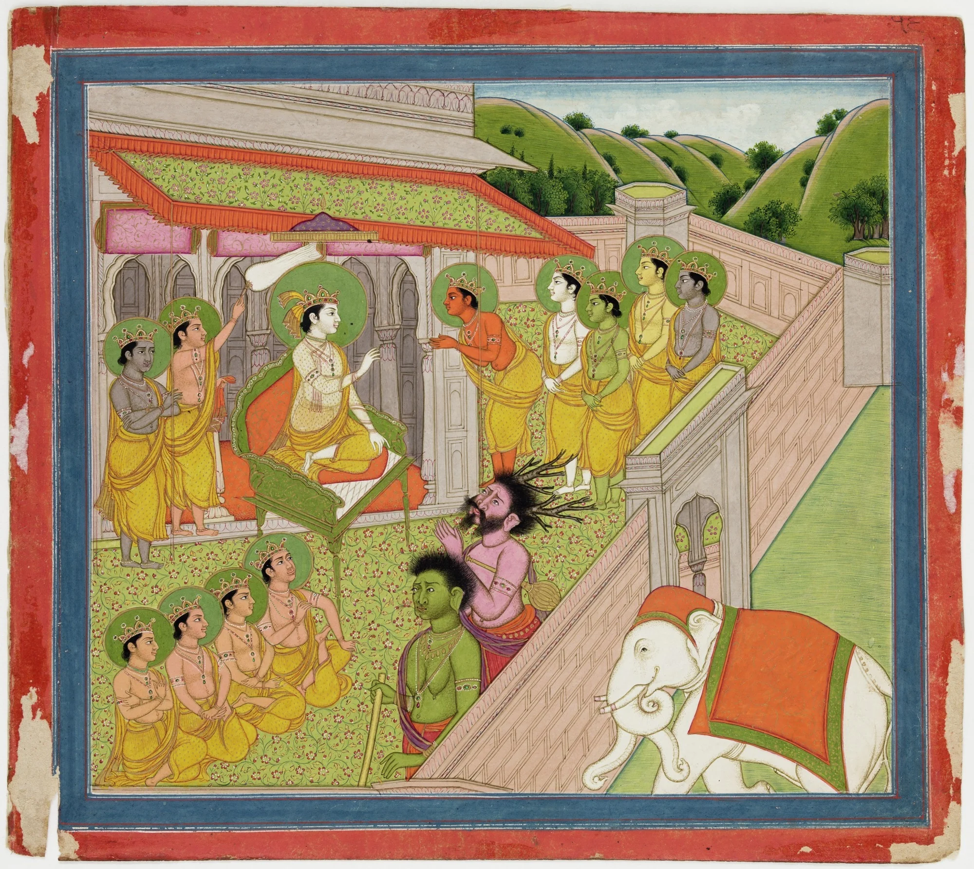 Illustrations to Life of Dhurva Maharaj: #14 Indra, King of Heaven is very anxious and afraid that Dhurva may win his throne by power. He consults the other Dev Kings, by Unknown, unspecified, 1800