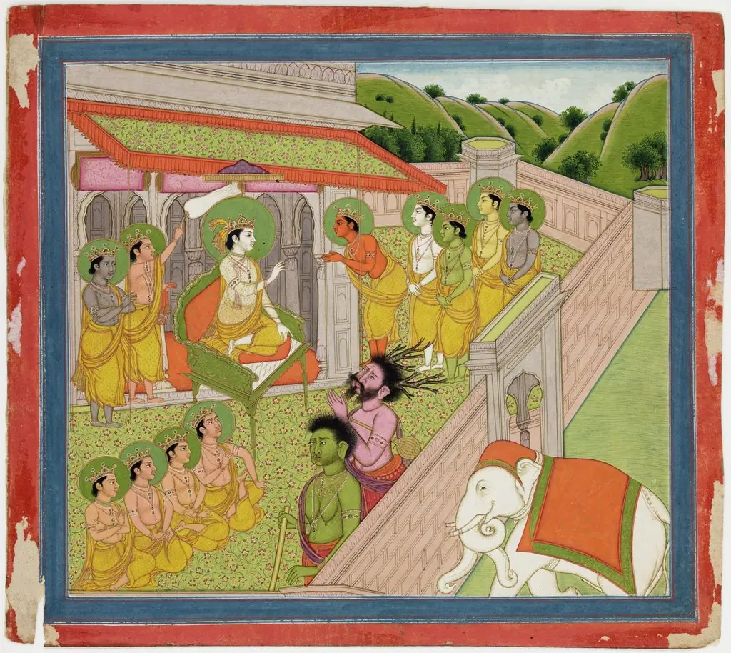 Illustrations to Life of Dhurva Maharaj: #14 Indra, King of Heaven is very anxious and afraid that Dhurva may win his throne by power. He consults the other Dev Kings