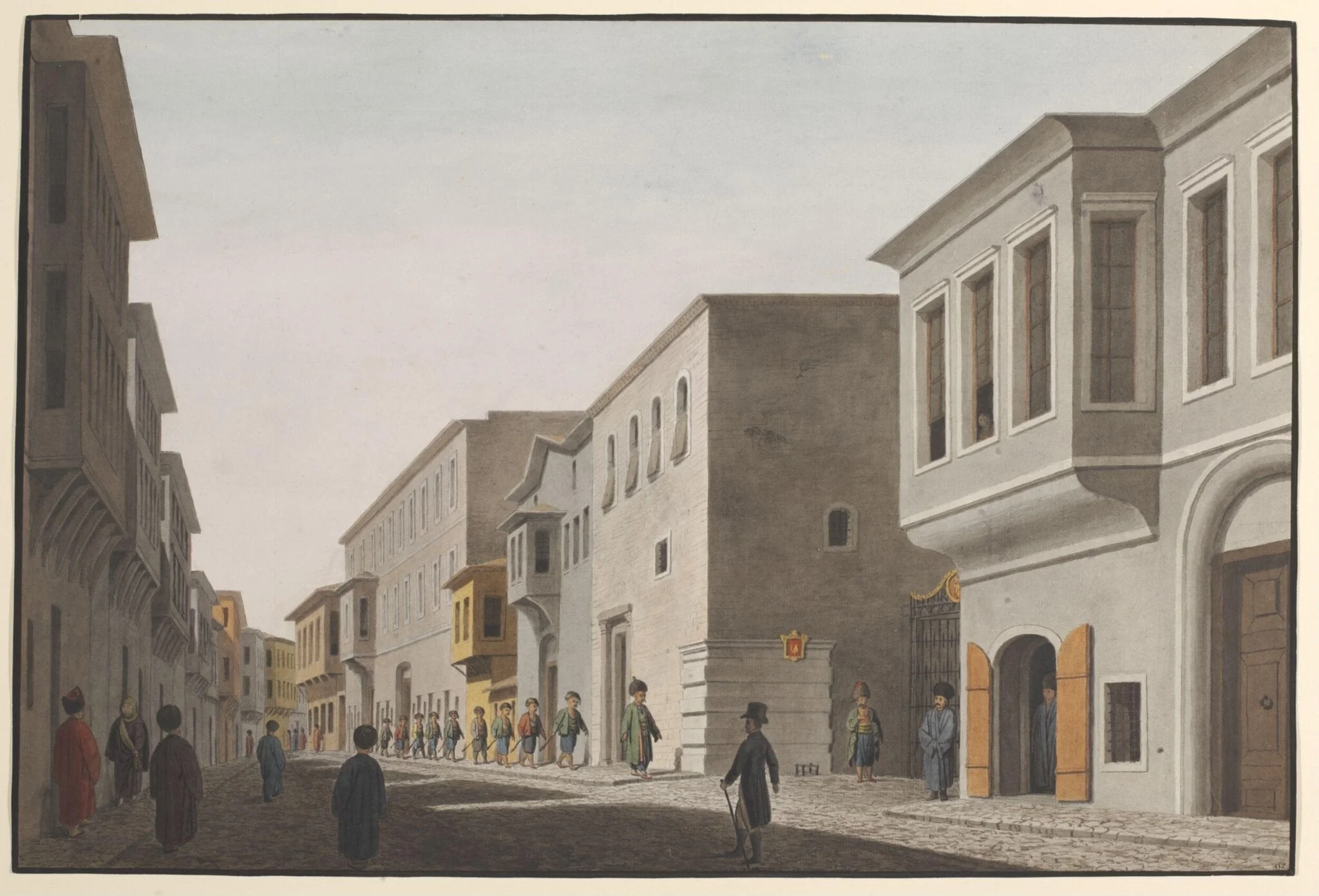 Street scene outside an embassy in Pera, by Anonymous Greek artist, watercolor, 1809