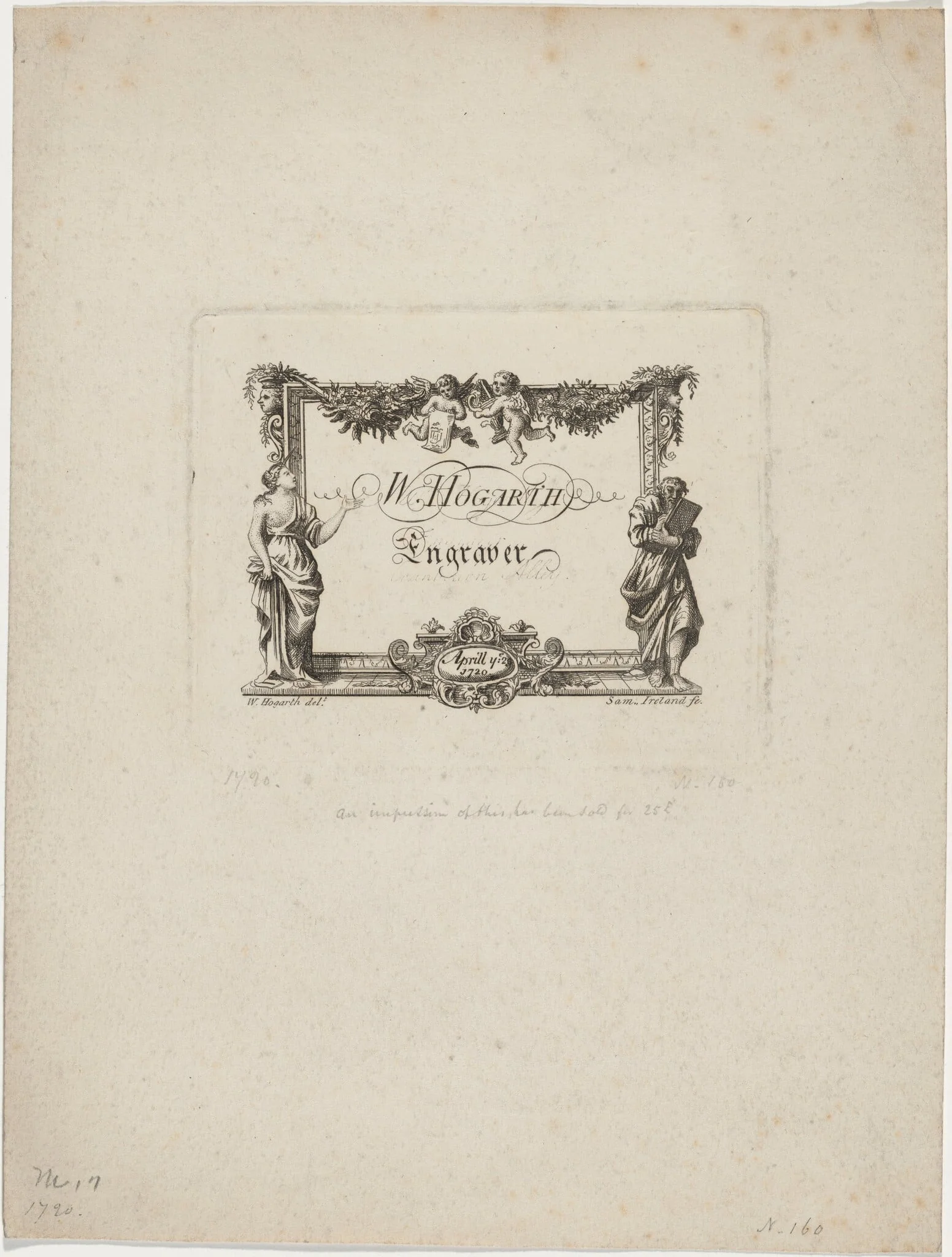 William Hogarth's Business Card, by Samuel Ireland, ink, 1760