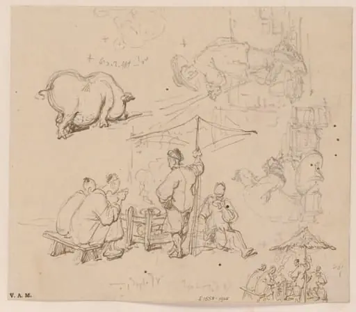 Chinese men at a cooking stove, and of a pig