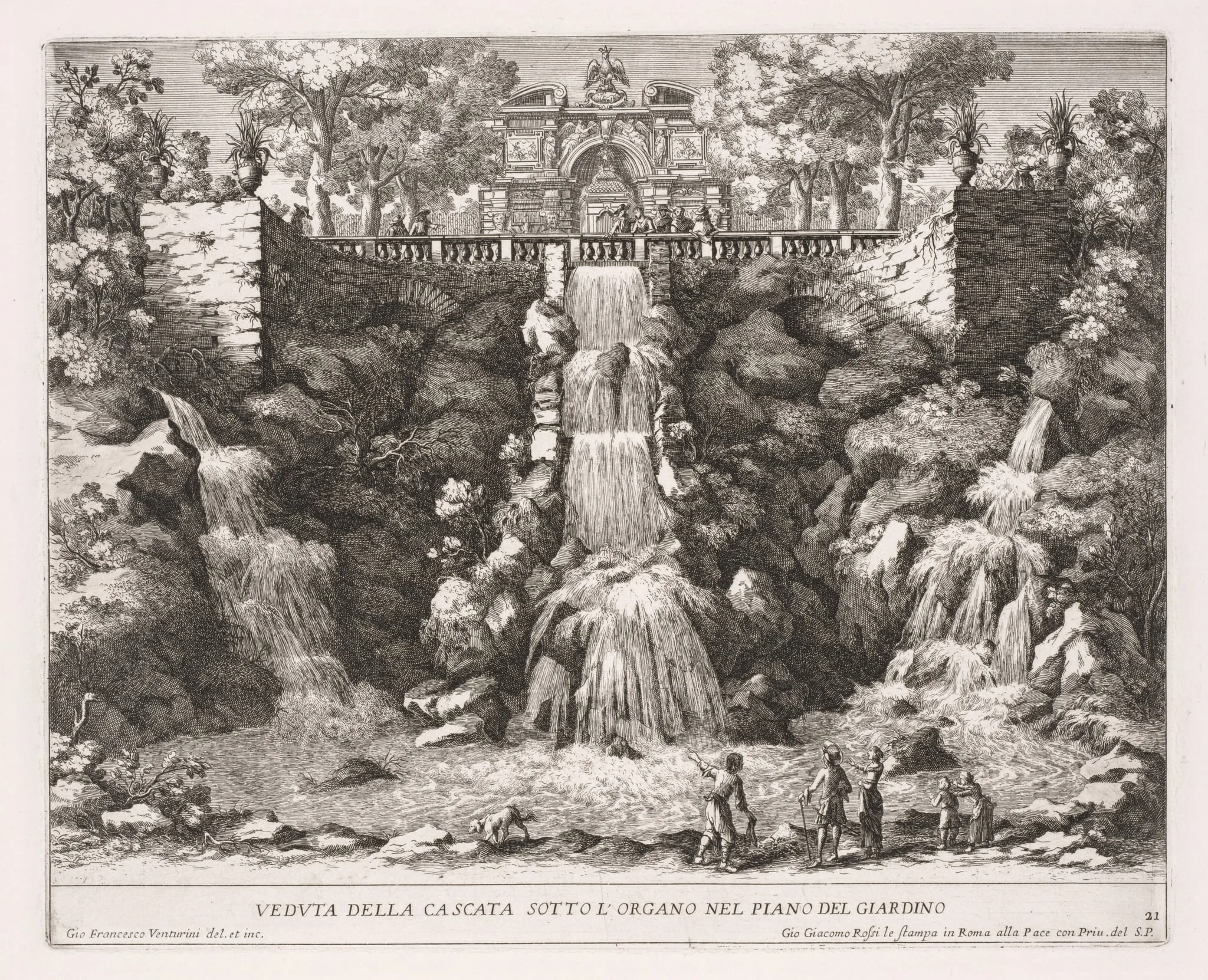 The Fountains of Rome (Le fontane di Roma), Book IV, plate 21: View of the Cascade below the Organ from the Garden (Veduta della Cascata Sotto L'Organo nel Piano del Giardino), by Giovanni Francesco Venturini, 1688