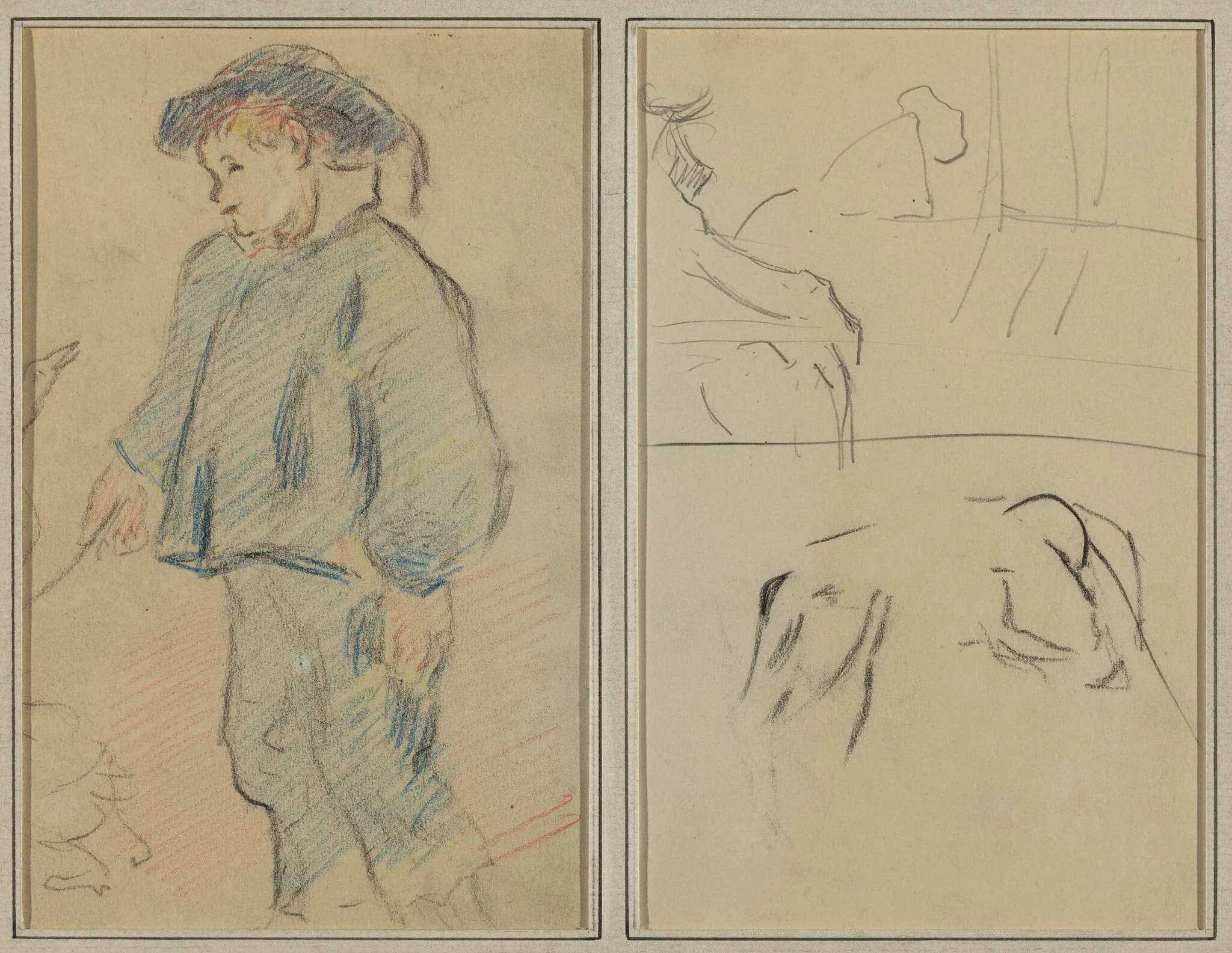Breton Boy Tending Geese; Cows and a Figure Leaning on a Ledge [verso], by Paul Gauguin, graphite, 1886
