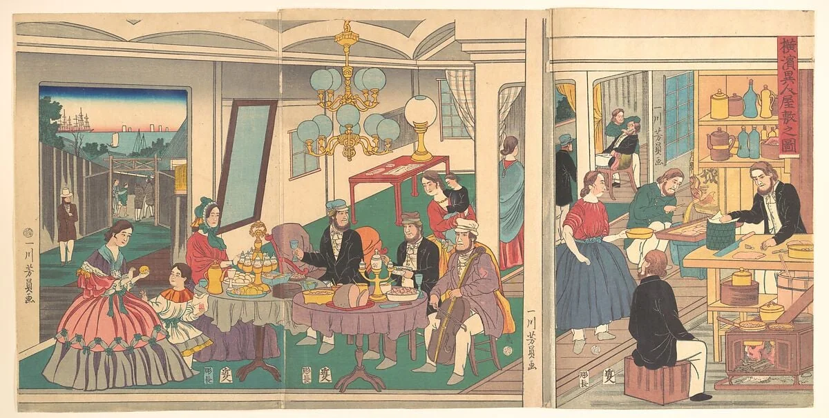 歌川芳員画　「横浜異人屋敷之圖」|A Foreign Residence in Yokohama, by Utagawa Yoshikazu, ink, 1861