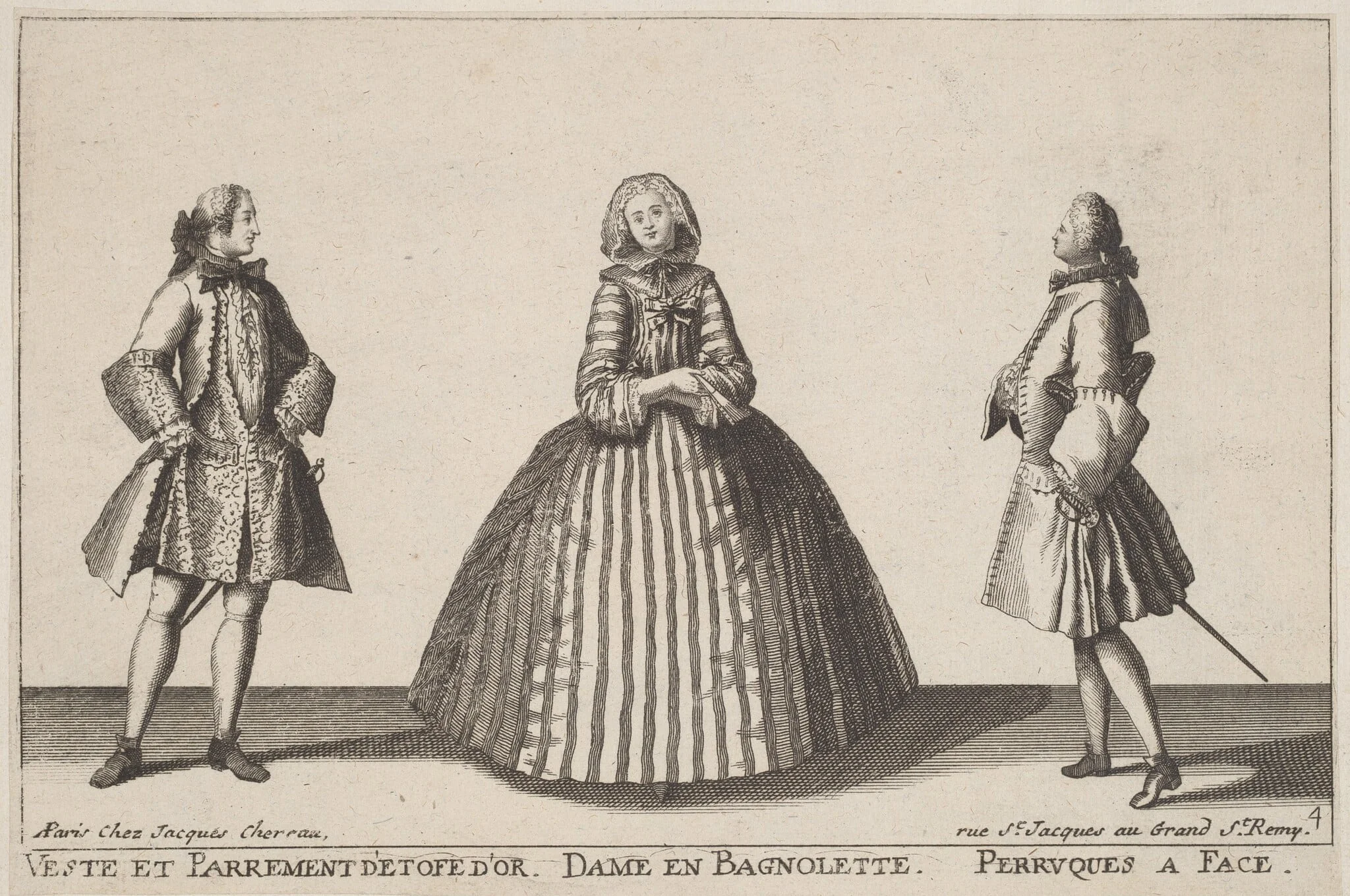 Veste et Parrement d'Etofe d'Or/Dame en Bagnolette/Perruques à Face