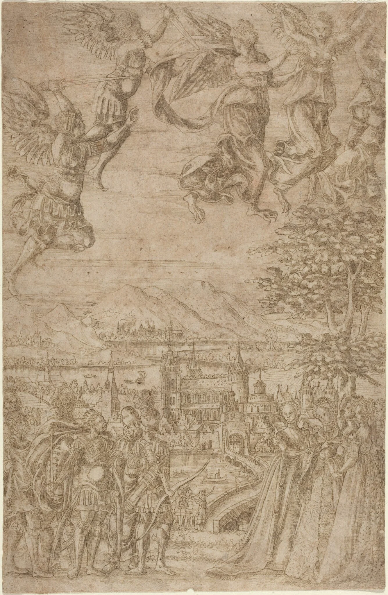 A King and His Retinue Confronting Ladies under a Celestial Battle, by French 17th Century, ink, 1600