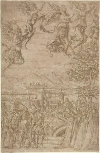 A King and His Retinue Confronting Ladies under a Celestial Battle