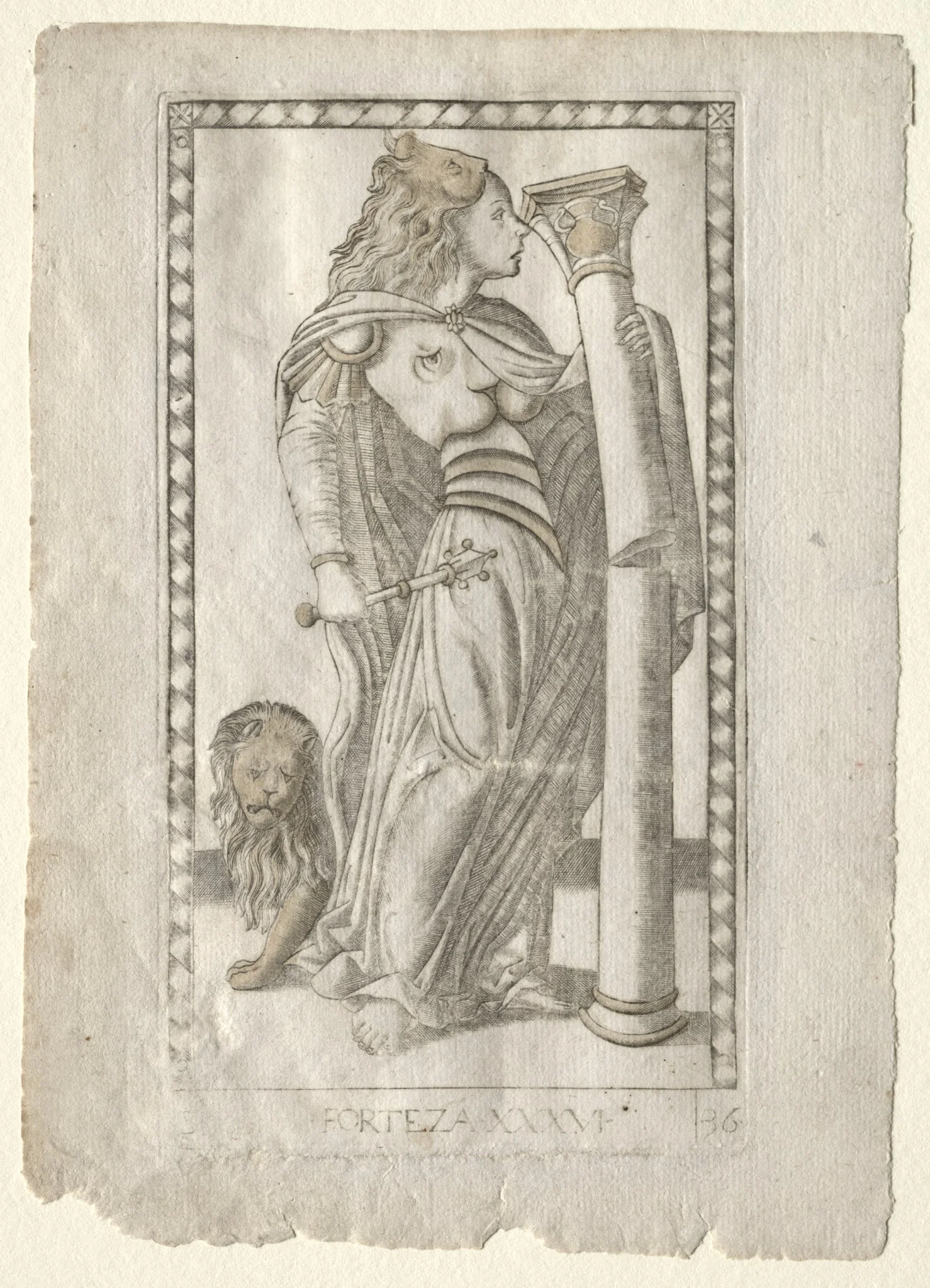 Forteza (from the Tarocchi, series B: Cosmic Principles & Virtues, #36), by Master of the E-Series Tarocchi, 1467