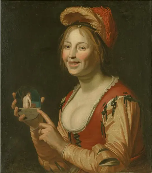 Laughing Girl Showing a Small Picture of a Nude Woman Seen from Behind