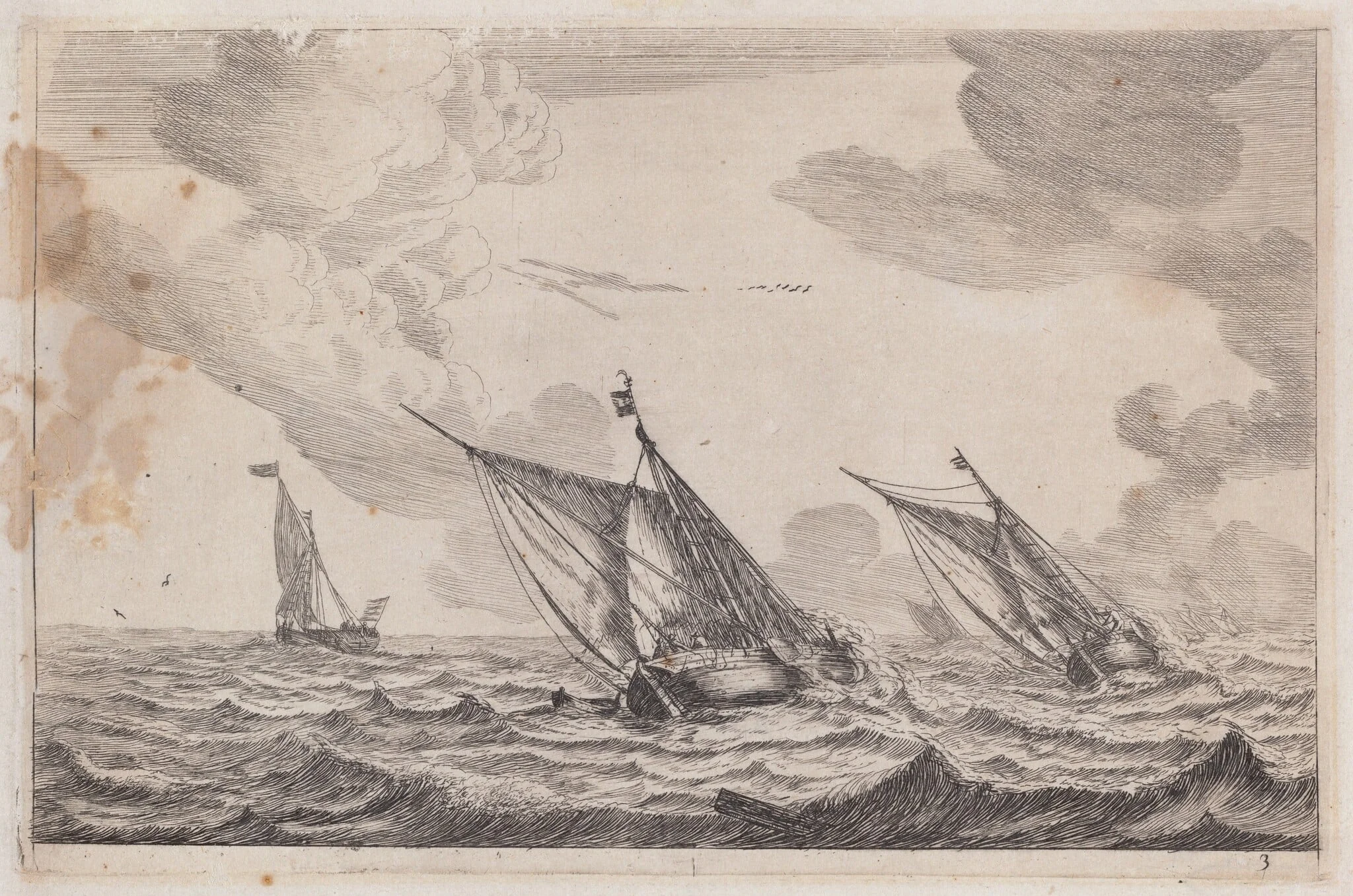 Three Sailing Vessels at Choppy Sea, by Nooms, called Zeeman, Reinier, ink, 1656