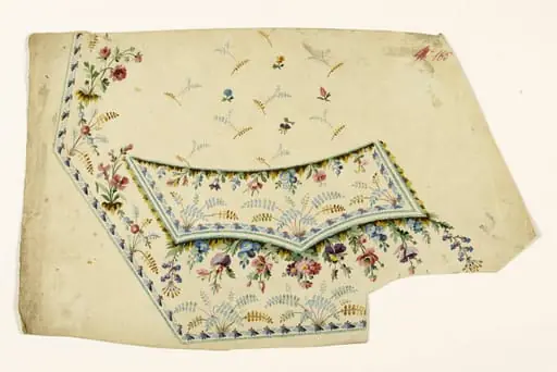 Composition de bouquets de feuilles en grappes et de fleurs multicolores, semis de fleurs et de feuilles, projets de broderies de gilet, XVIIIème siècle