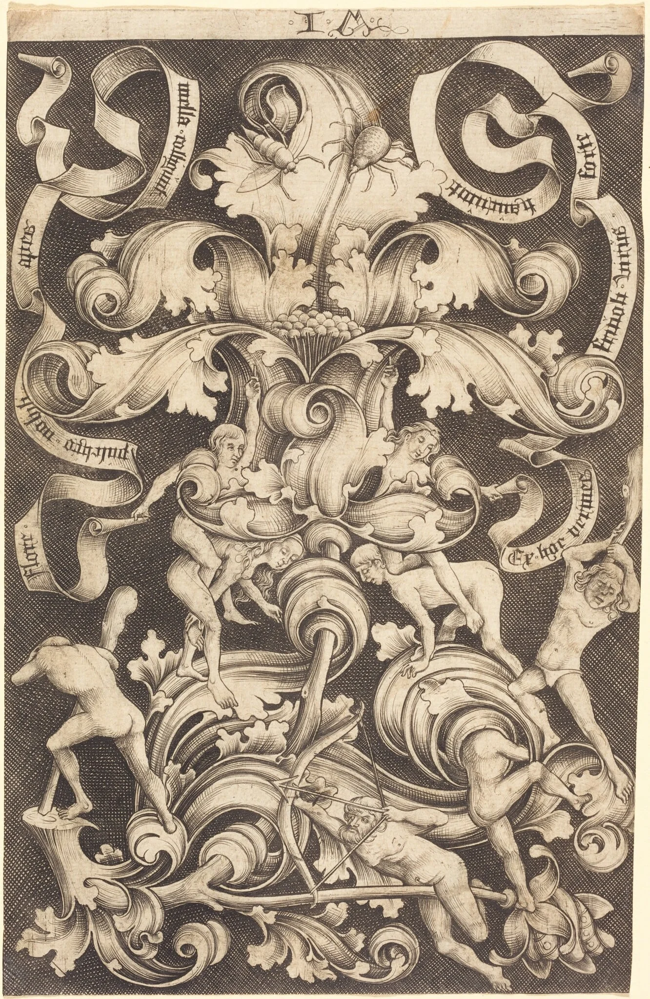 Ornament with Flower and Eight Wild Folk, by Israhel van Meckenem, ink, 1474