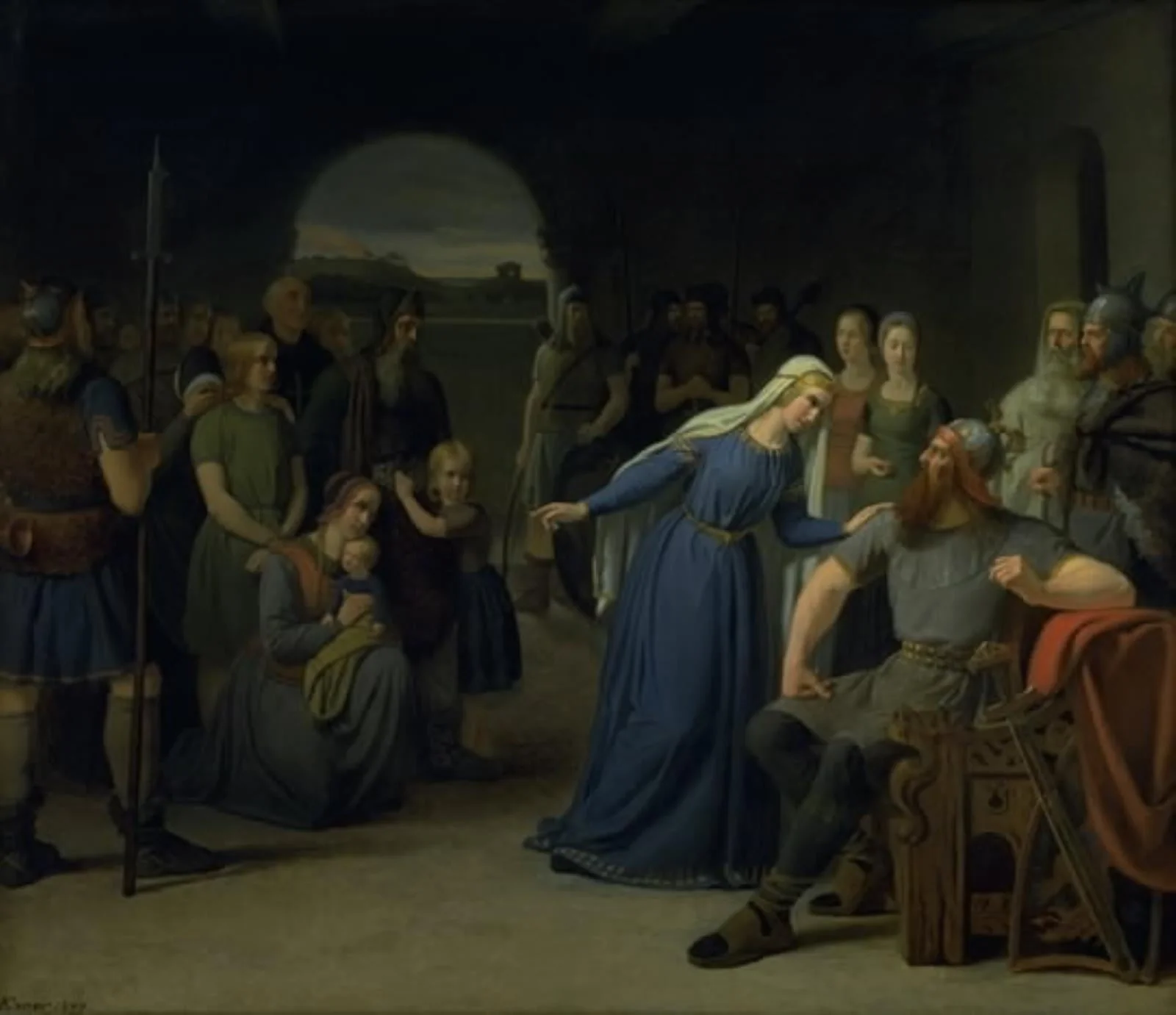 The Danish Queen Thyra Danebod Trying to Soften the Heart of her Husband, Gorm the Old, towards some Christian Captives, by Unknown, 1849