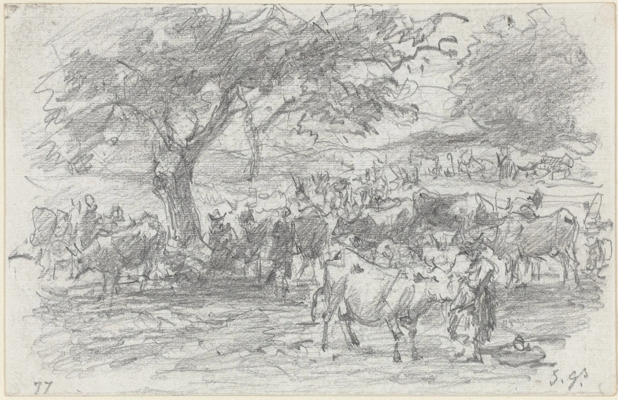 Herdsmen and Cattle, by Eugène Boudin, graphite, 1877