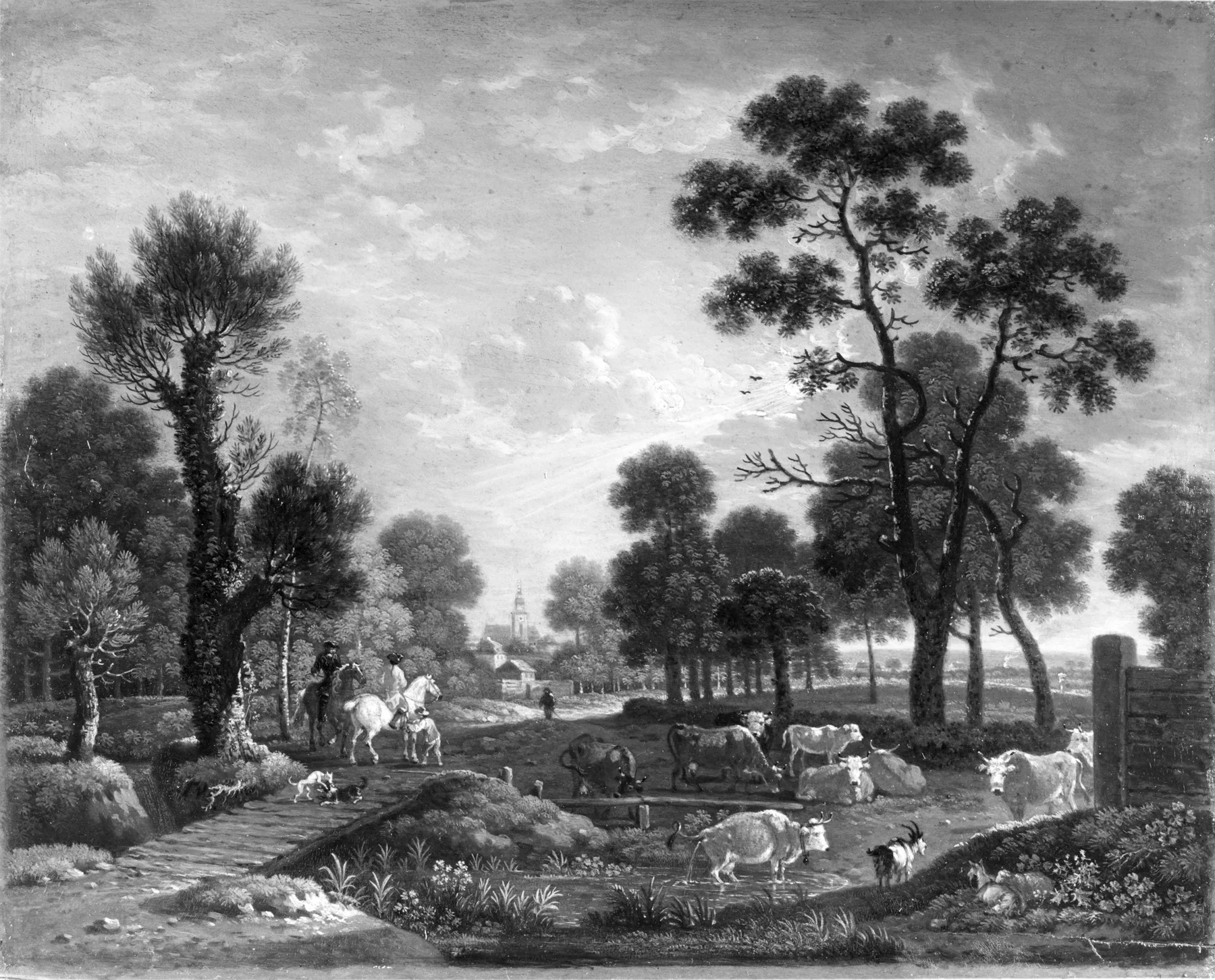 Landscape with Horsemen and Cattle, by Johann Heinrich Roos, oil, 1650