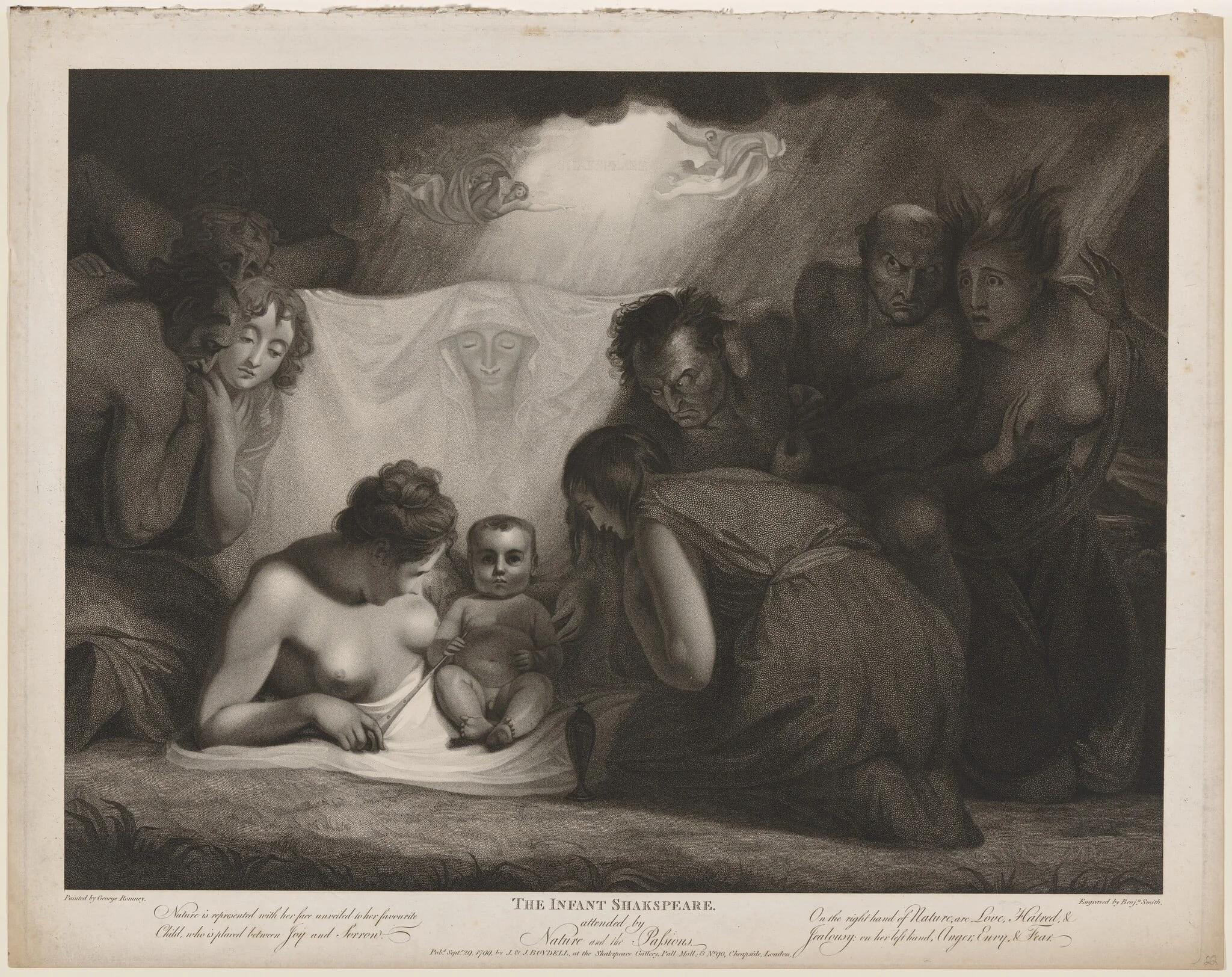 The Infant Shakespeare, Attended by Nature and the Passions, by Benjamin Smith, ink, 1799