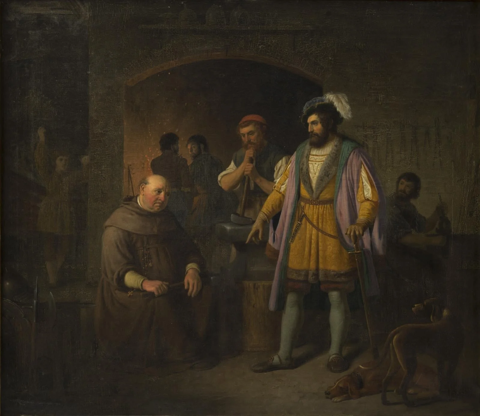 Jens Holgersen Ulfstand kurerer abbeden til Bækkeskov for hans fedme ved at tvinge ham til at arbejde i sin smedie, by Unknown, 1845