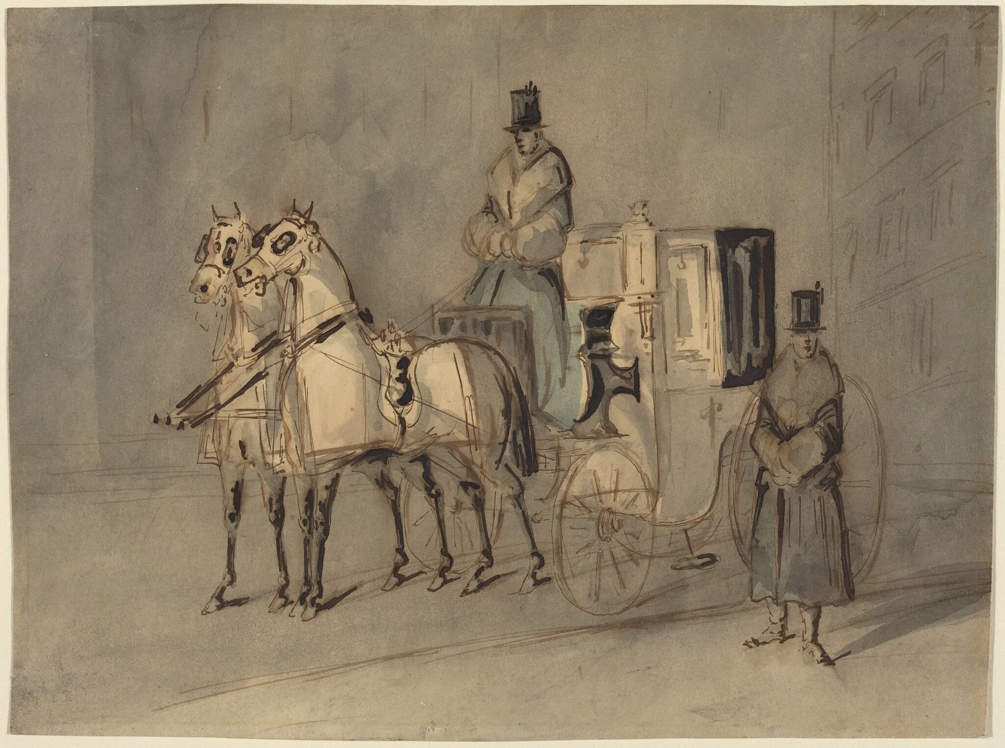 Carriage with Driver and Groom: Autumn, by Constantin Guys, ink, 1848