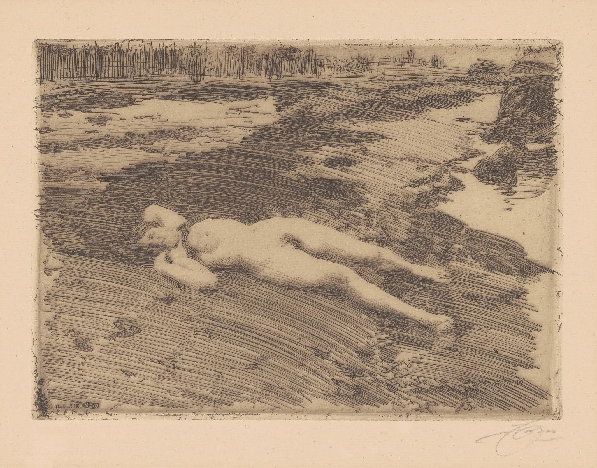 On the Sands, by Anders Zorn, ink, 1916