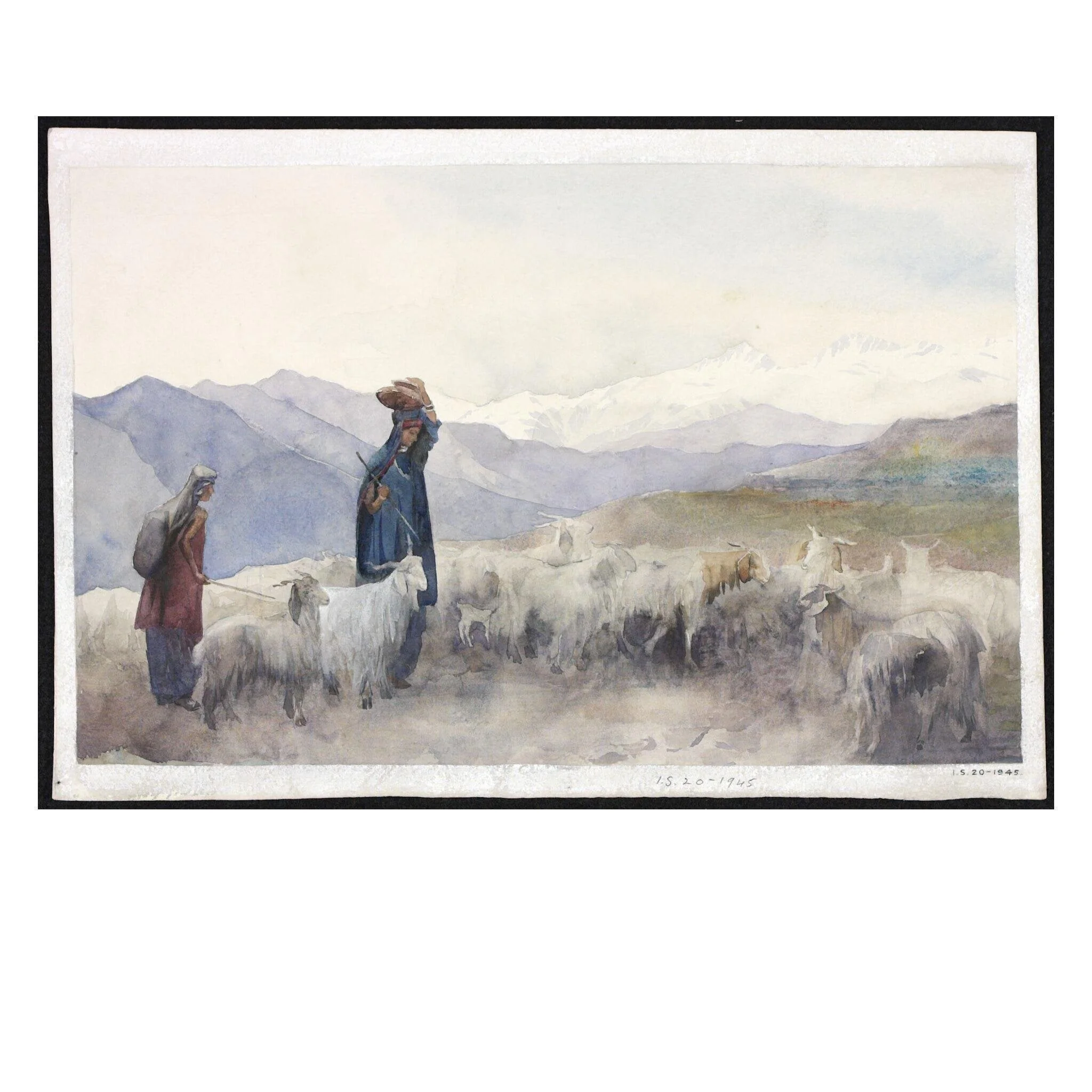 Shepherds in a mountain landscape, Kashmir, by Helen R. Pirie, paint