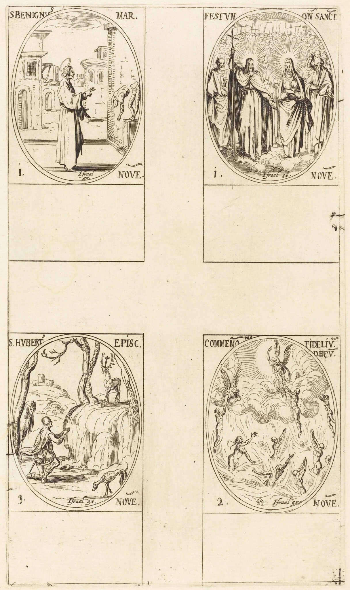 St. Benignus; Festival of All Saints; Commemoration of the Dead; St. Hubert, by Jacques Callot, ink, 1634