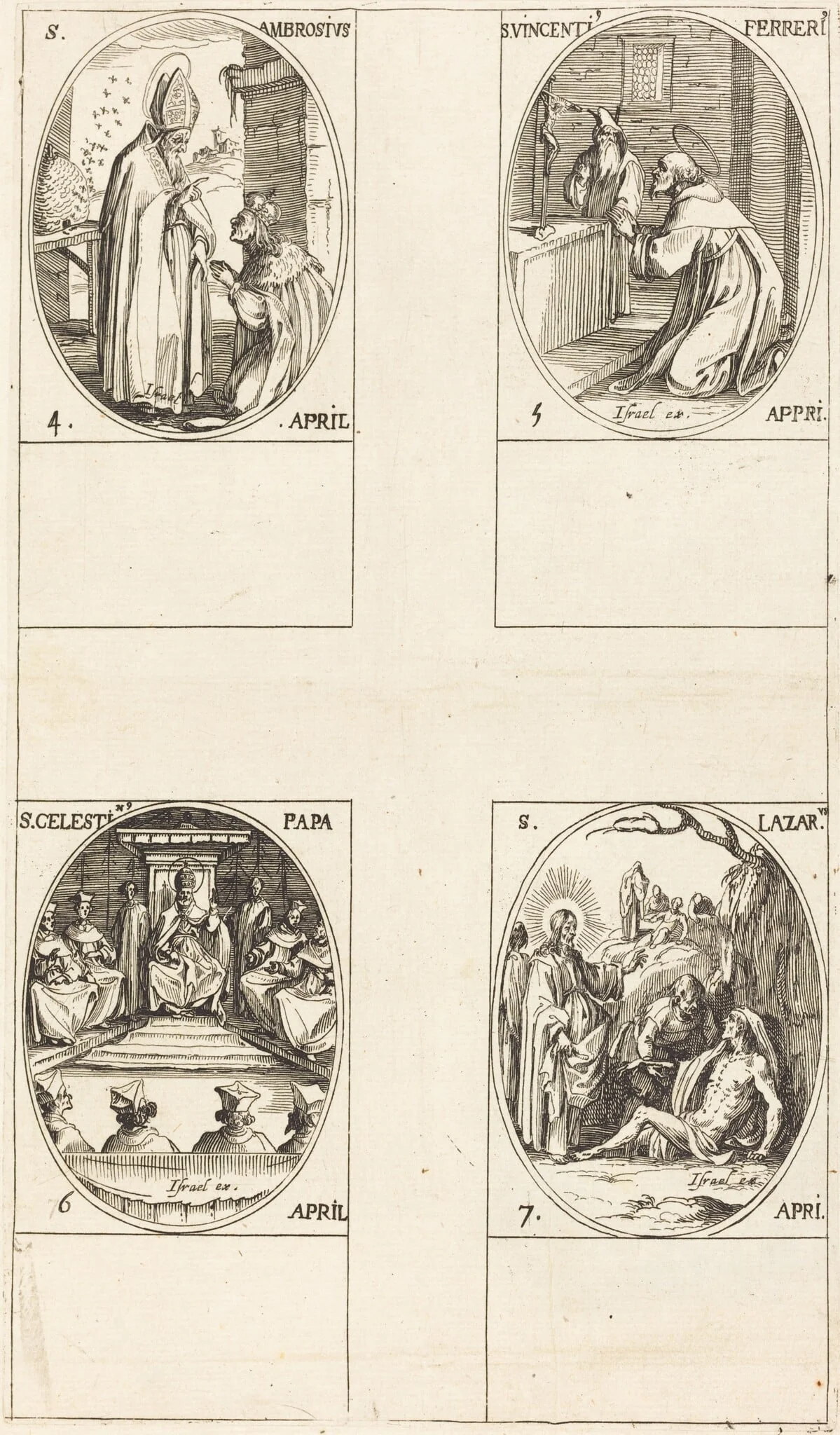 St. Ambrose; St. Vincent Ferrer; St. Celestin; St. Lazarus, by Jacques Callot, ink, 1634
