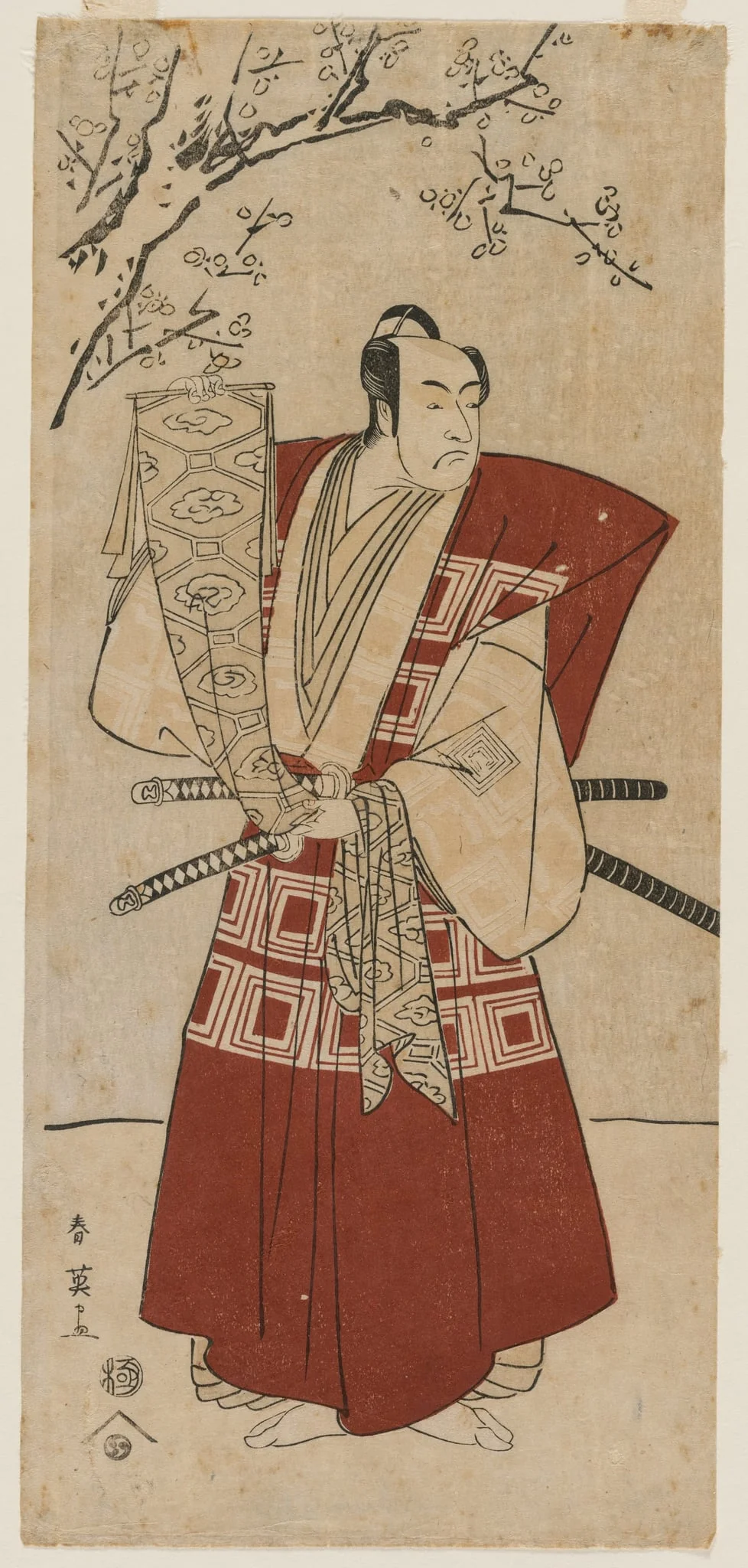 Ichikawa Monnosuke II as a Lord Holding a Banner, by Katsukawa Shun'ei 勝川春英, 1791