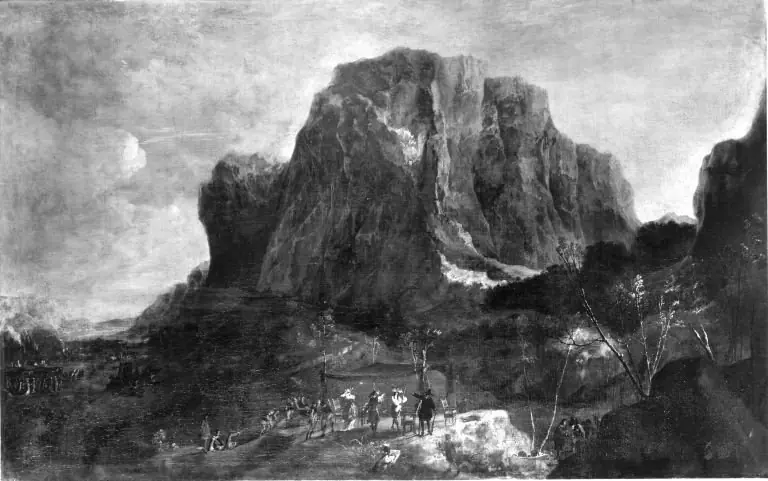Mountainous landscape with hunters