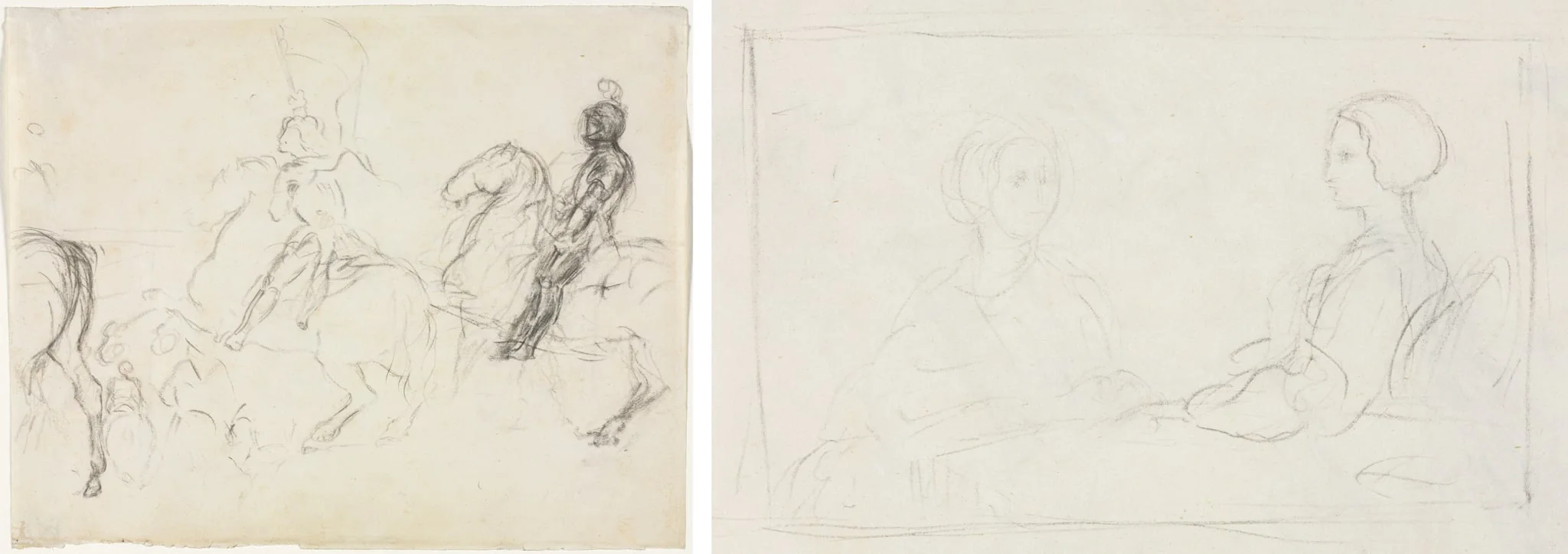 Battle Scene with Armored Figures on Horseback (recto) Two Seated Women (verso), by Edgar Degas, 1858