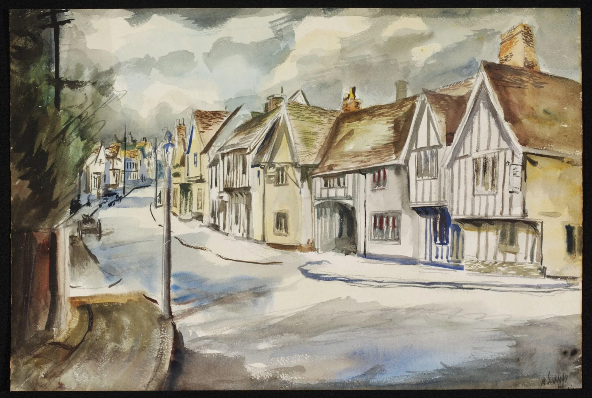 High Street, with the 'Swan', Lavenham, by Suddaby, watercolor, 1941