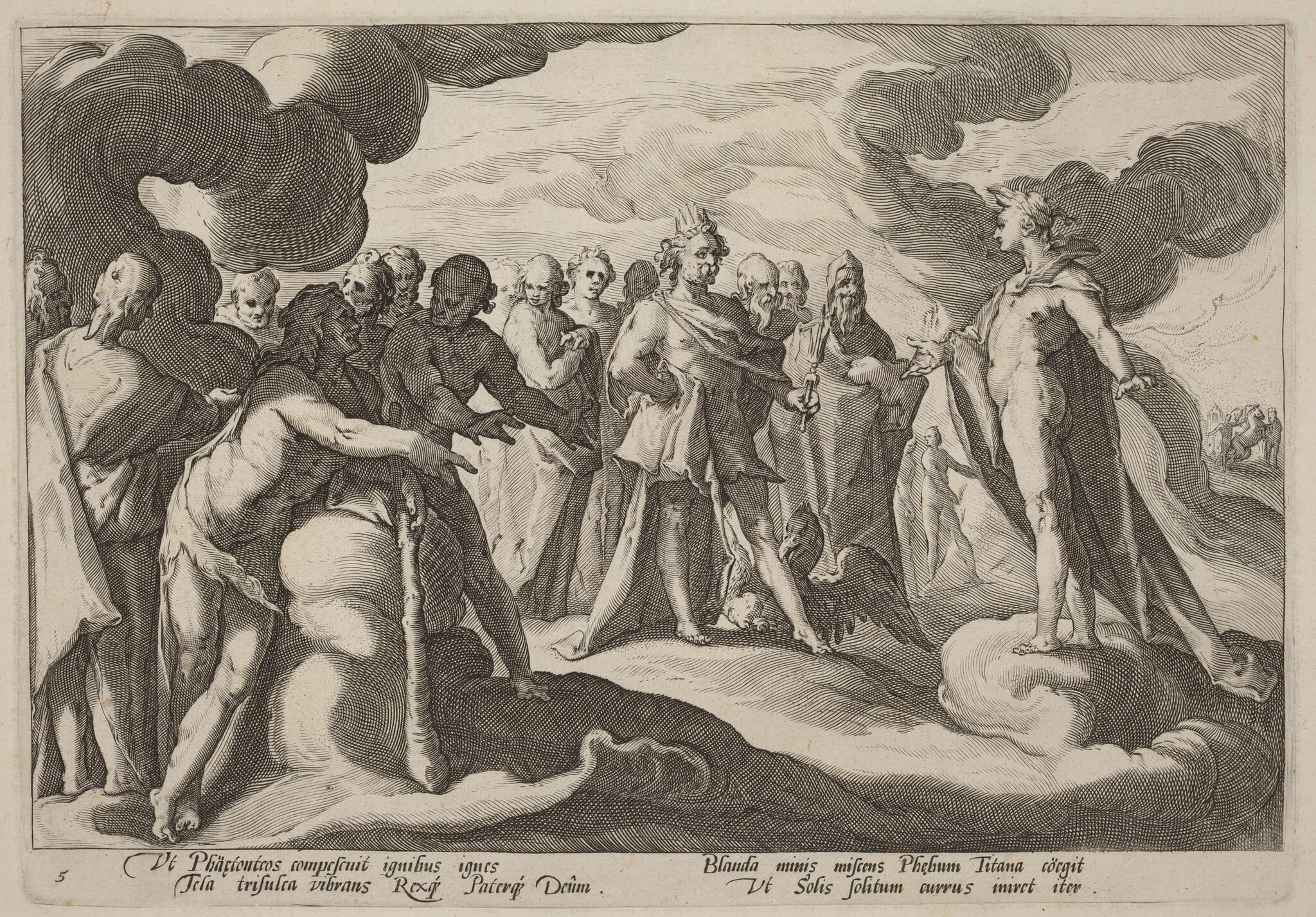 Jupiter and the Gods Asking Helios to Resume Control of the Chariot, by Hendrik Goltzius, ink, 1589