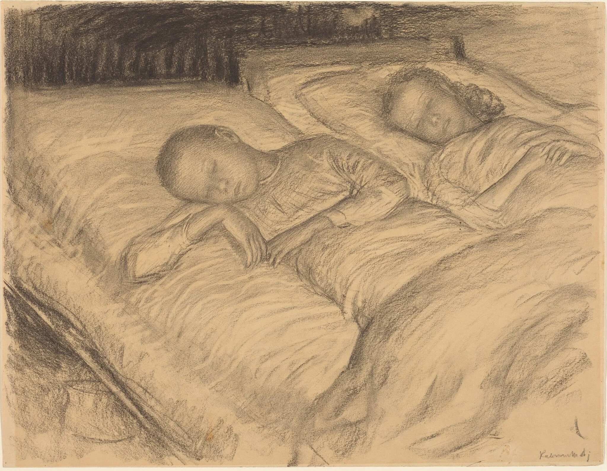 The Artist's Children Wolf and Anna Asleep, by Leopold von Kalckreuth, charcoal, 1900