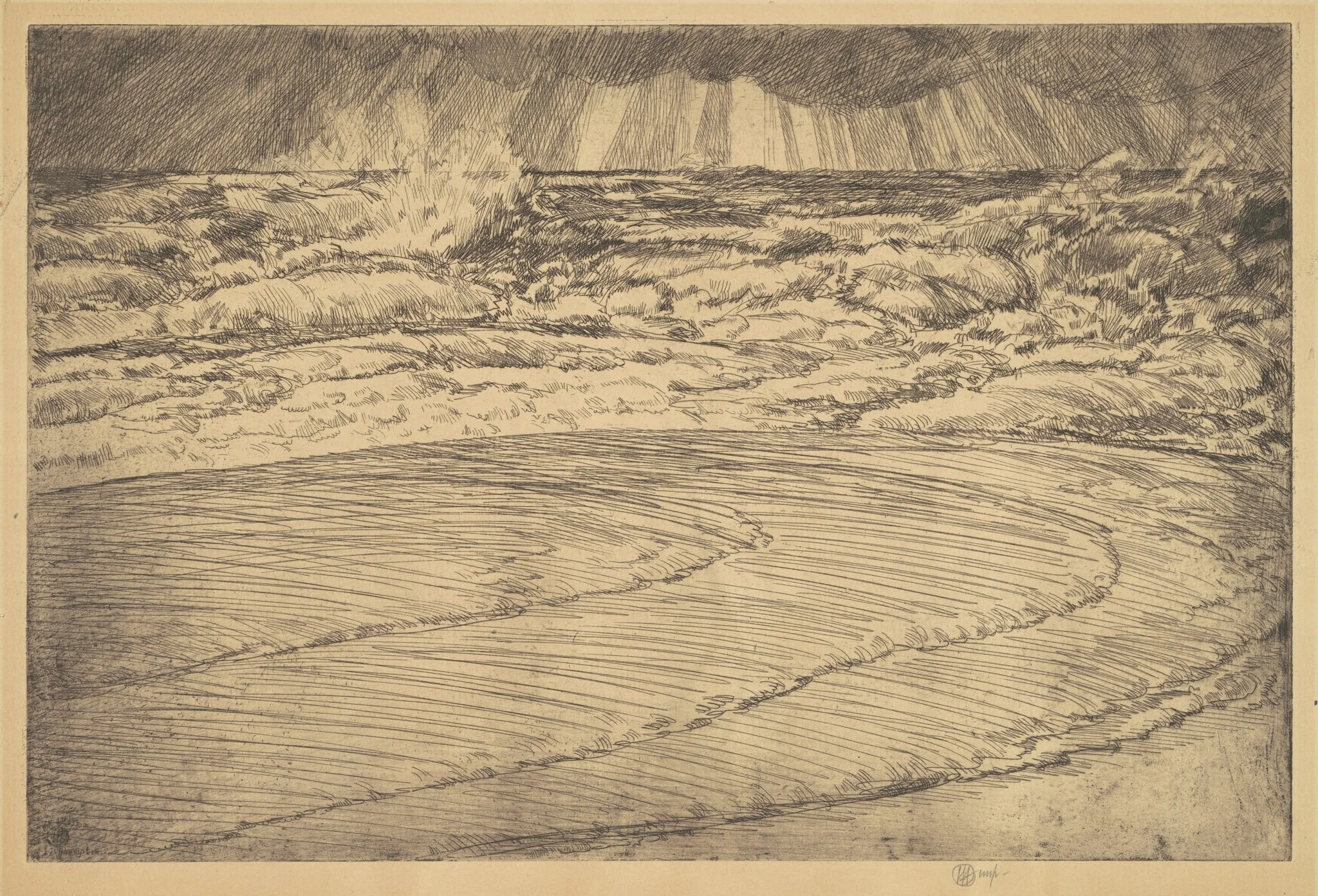 Heavy Surf, High Tide, Easthampton, by Childe Hassam, ink, 1920