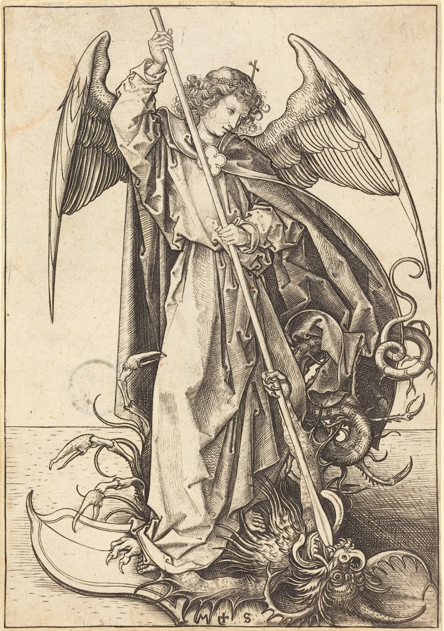 Saint Michael Slaying the Dragon, by Martin Schongauer, ink, 1485