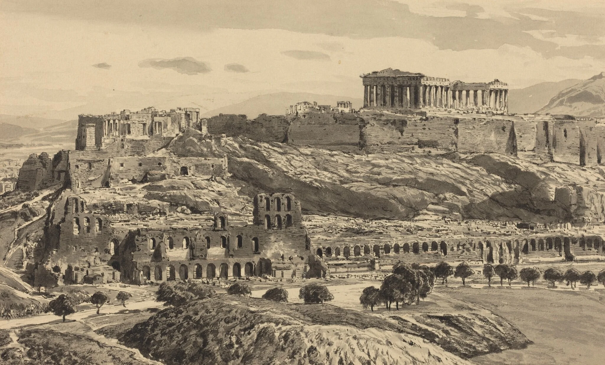 View of the Acropolis, by Themistocles von Eckenbrecher, ink, 1890