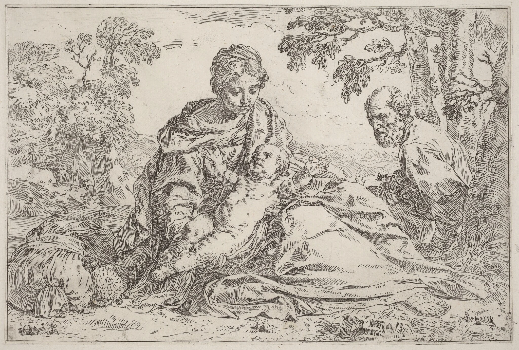 The Rest on the Flight into Egypt, by Simone Cantarini, ink, 1630