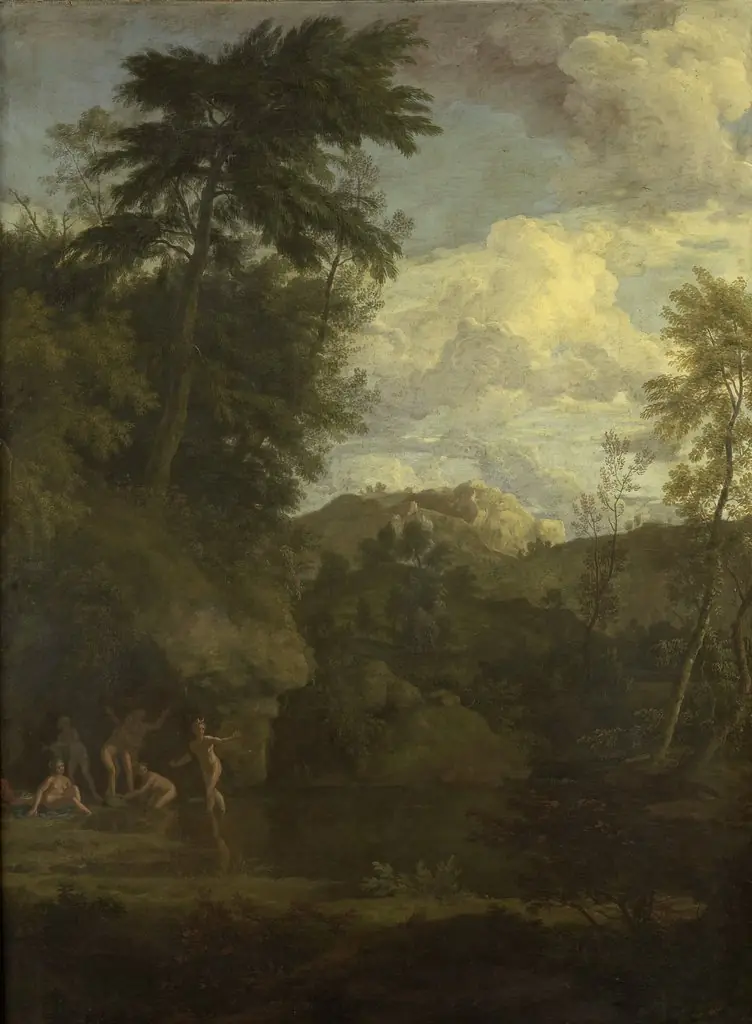 Arcadian landscape with bathing Diana